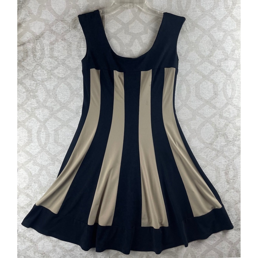Connected Apparel Fit & Flare Dress Women 4P Black Tan Striped Sleeveless Good